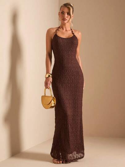 SHEIN BAE 女士棕色串珠吊带露背美人鱼蕾丝连衣裙，蕾丝连衣裙