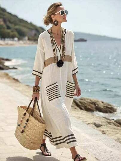 SHEIN Holidaya V-Neck 3/4 Sleeve Placement Print Loose Casual Maxi Dress For Women, Suitable For Spring, Summer, Autumn, Winter, New Year, Halloween, Relaxed Fit For Daily Wear, Elegant, Suitable For Party, Beach, Romantic Date, Fashionable Casual Commute Women Vacation Dress White Beach Dress Women Loose Summer Dress Boho Summer Dress Women Beach Wear Cover Up