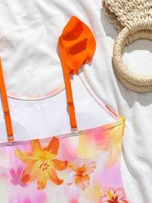 Tween Girls Floral Print One-Piece Swimsuit With Shoulder Strap & Ruffle Design, Comes With Ruffled Cover-Up Skirt, Suitable For Swimming, Vacation, Beach In Summer - Multicolor - View 6