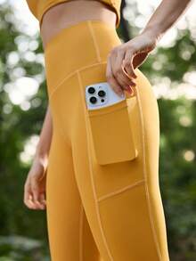 SHEIN In My Nature Quần bó sát nữ mới, cạp chun co giãn, có túi, kiểu dáng ôm sát, màu cam. - Màu vàng - Xem 1