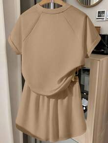Resyla Plus Size Women Solid Color Round Neck Short Sleeve Top And Shorts Casual Daily Outfit - Coffee Brown - View 2