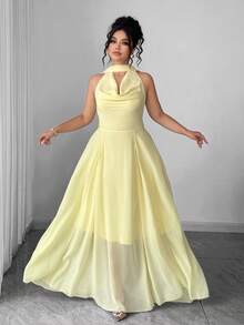 Elenzga Đầm dạ hội dáng chữ A hở lưng cổ yếm thanh lịch dành cho nữ cỡ lớn, trang trí eo bạc, thích hợp cho kỳ nghỉ. - Màu vàng ngỗng - Xem 5