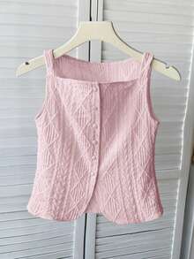 SHEIN 少女粉色纹理针织翻领无袖衬衫 - 粉色 - 查看 4