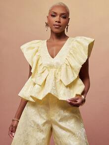 Vixey Satin Jacquard V Neck Ruffle Petal Sleeve Peplum Hem Top - Yellow - View 4
