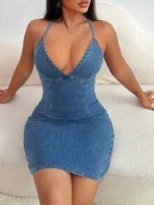 SHEIN SXY 女士纯色露背性感紧身牛仔吊带裙 - 深色水洗藍 - 查看 3