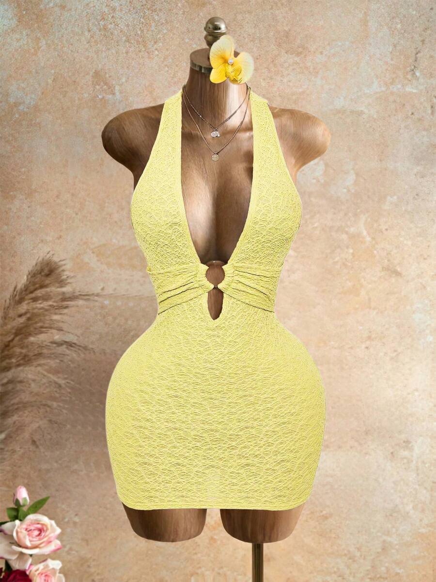 Mistrie Vestido curto feminino sexy de férias, cor sólida, decote em V profundo, costas nuas e alças no pescoço. - Luz amarela - Ver 1