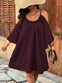 Weeklong Plus Size Round Neck Ruched Pleated Split Flare 3/4 Sleeve Casual A-Line Dress - Redwood - View 7