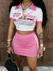 Rovax 女士夏季休闲字母印花短款T恤和迷你裙两件套 - 彩色 - 查看 1