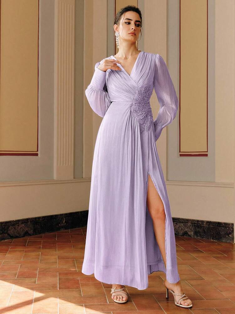 Elegant Aqua Chiffon V-Neck Beaded Embroidered Floral Long Dress For Women