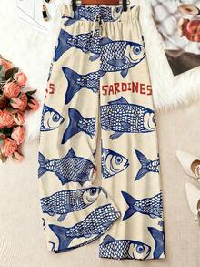 EMERY ROSE Plus Size Women's Casual Vacation Light Beige Base Big Fish Retro Print Waist Belt Design Wide Leg Pants, Spring Summer Autumn, Plus Size Women Long Pants Summer Pants - Multicolor - View 1