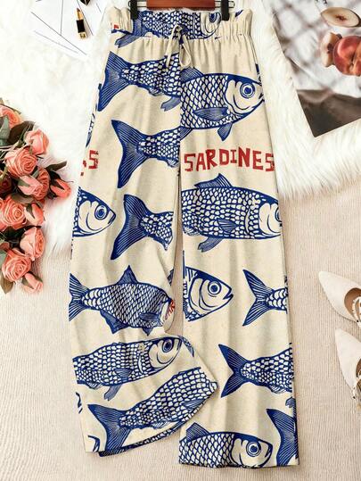 EMERY ROSE Plus Size Women's Casual Vacation Light Beige Base Big Fish Retro Print Waist Belt Design Wide Leg Pants, Spring Summer Autumn, Plus Size Women Long Pants Summer Pants