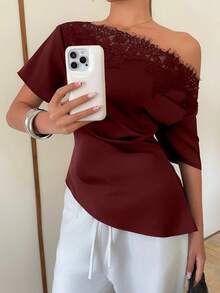 Siren Gaze Women's Lace Patchwork Satin Blouse With Asymmetrical Shoulder Neckline - Burgundy - View 7