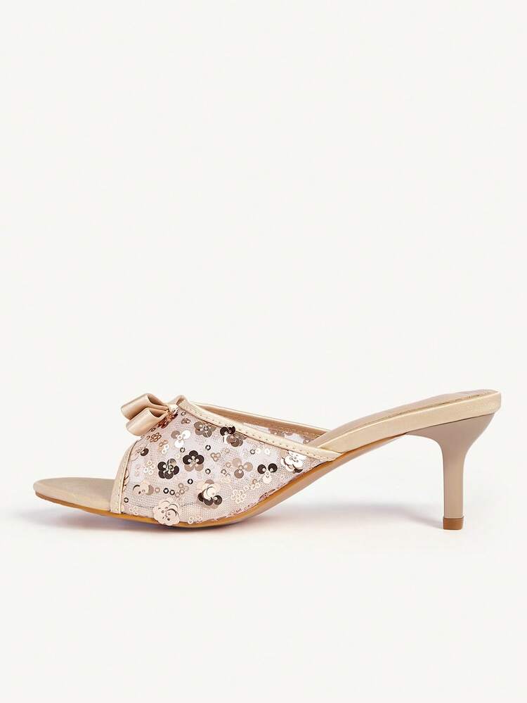 CUCCOO CHICEST Women's Shoes Fashion Mesh Sequins Round Toe Bow High Heel Sandals Women's Sexy Elegance Comfortable Versatile Thick Heel Slippers Summer Shoes Wedding Shoes Bride Shoes