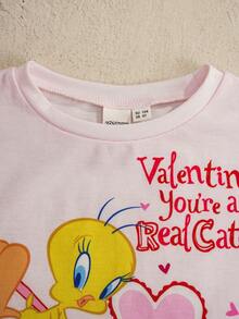 LOONEY TUNES X SHEIN Young Girl Round Neck Letter & Heart Print Casual Versatile Daily Wear T-Shirt - Baby Pink - View 3