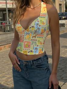 INAWLY Áo tank top nữ kiểu dáng nghỉ mát, cổ yếm, in họa tiết ngẫu nhiên - Nhiều màu - Xem 4