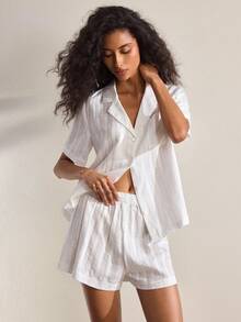 Ocili Natural Soft & Skin-Friendly Cotton Jacquard Lapel Short Sleeve & Shorts Pajama Set For Women - White - View 4