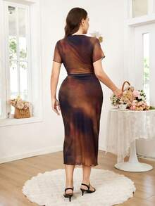 Ellevyn Plus Size Elegant Tie-Dye Print Fitted Dress, Summer - Multicolor - View 2