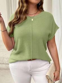 Vionelle Plus Size Solid Color Minimalist Knit Top, Suitable For Commuting - Green - View 7