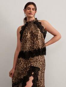 Freevana 大码女式豹纹蕾丝吊带上衣和高开衩裙两件套，时尚约会装扮 - 咖啡棕 - 查看 9