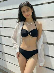 SHEIN 夏季新款少女泳装套装，简约个性百搭比基尼两件套，适合海滩泳池休闲度假，春夏款 - 黑色 - 查看 8