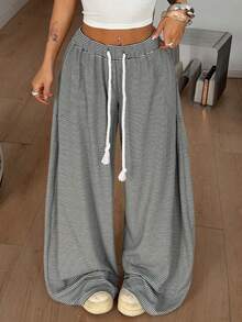 Coolane 女士夏季街头风外出休闲装扮，宽松弹力腰带舒适灰色弯刀裤 - 黑與白 - 查看 2