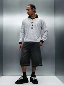 PLAYBOY X SUMWON Camiseta deportiva de manga larga con cuello en V de malla, estilo retro, con cuello y ribetes laterales en contraste negro - Gris - Ver 3