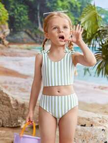 女童比基尼套装泳衣分体两件式无袖三角裤款式紫色条纹印花涤纶面料可爱两件式女童泳衣，适合海边、泳池、露营 - 綠色 - 查看 4