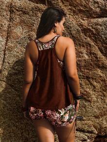 Swim Lushoire Set Bikini Liburan Pantai Motif Retro untuk Wanita Ukuran Besar - Coffee Brown - View 2