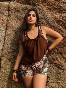 Swim Lushoire Set Bikini Liburan Pantai Motif Retro untuk Wanita Ukuran Besar - Coffee Brown - View 3