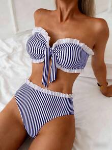 SHEIN Swim Spring/Summer Beach Vacation Striped Print 2 Pieces Set, Ruched Neckline, Ruffled Hem Pants - Multicolor - View 3