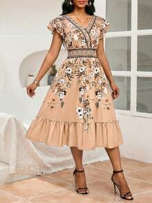 SHEIN Lady Women's Floral Print V-Neck Ruffle Hem Midi Dress, Elegant - Multicolor - View 4