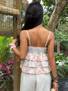 SHEIN SunnyBelle Áo hai dây nữ mùa xuân/hè màu hồng họa tiết hoa nhí, cổ chữ V sâu, thắt nơ trang trí, thích hợp cho đi biển, nghỉ mát, du lịch, hẹn hò lãng mạn, áo không tay phối màu hoa nhí. - Màu Hồng baby - Xem 2