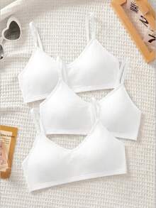 SHEIN 3 piezas Conjunto de lencería básica con cuello en V acolchado y transpirable para niñas preadolescentes, color blanco - Blanco - Ver 2