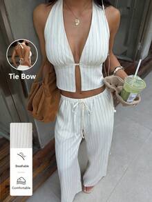 FavEase 女士休闲露背深V领吊带上衣和低腰系带直筒裤两件套 - 杏色 - 查看 4