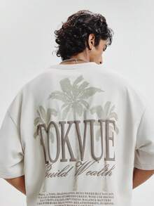 TOKVUE Áo thun nam tay ngắn in hình cây cọ, kiểu dáng thoải mái, thường ngày. - Màu be - Xem 3