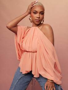 Vixey 热带花卉印花露肩飘逸吊带荷叶边上衣，女士夏季穿搭，女士夏季服装，可爱夏季上衣，女士沙滩装，沙滩度假装 - 橘色 - 查看 3