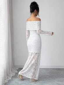 Rafferiza Đầm maxi ren dài tay trễ vai thanh lịch dành cho nữ - trắng - Xem 2