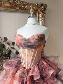 Lovelzi Elegant Multi-Color Mesh Floral Print Strapless Short Dress,Handmade Floral Appliques,Fishbone Waist Tape,Tiered A-Line Skirt,Adjustable Tie Closure - Multicolor - View 3