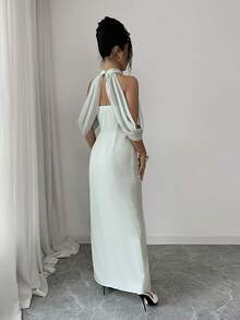 Selianne 优雅女士浅绿色雪纺拼接圆领无袖露背开衩长裙，休闲度假连衣裙，适合日常外出、约会、派对、宴会等场合，也可作为奢华新娘伴娘礼服。 - 綠色 - 查看 2