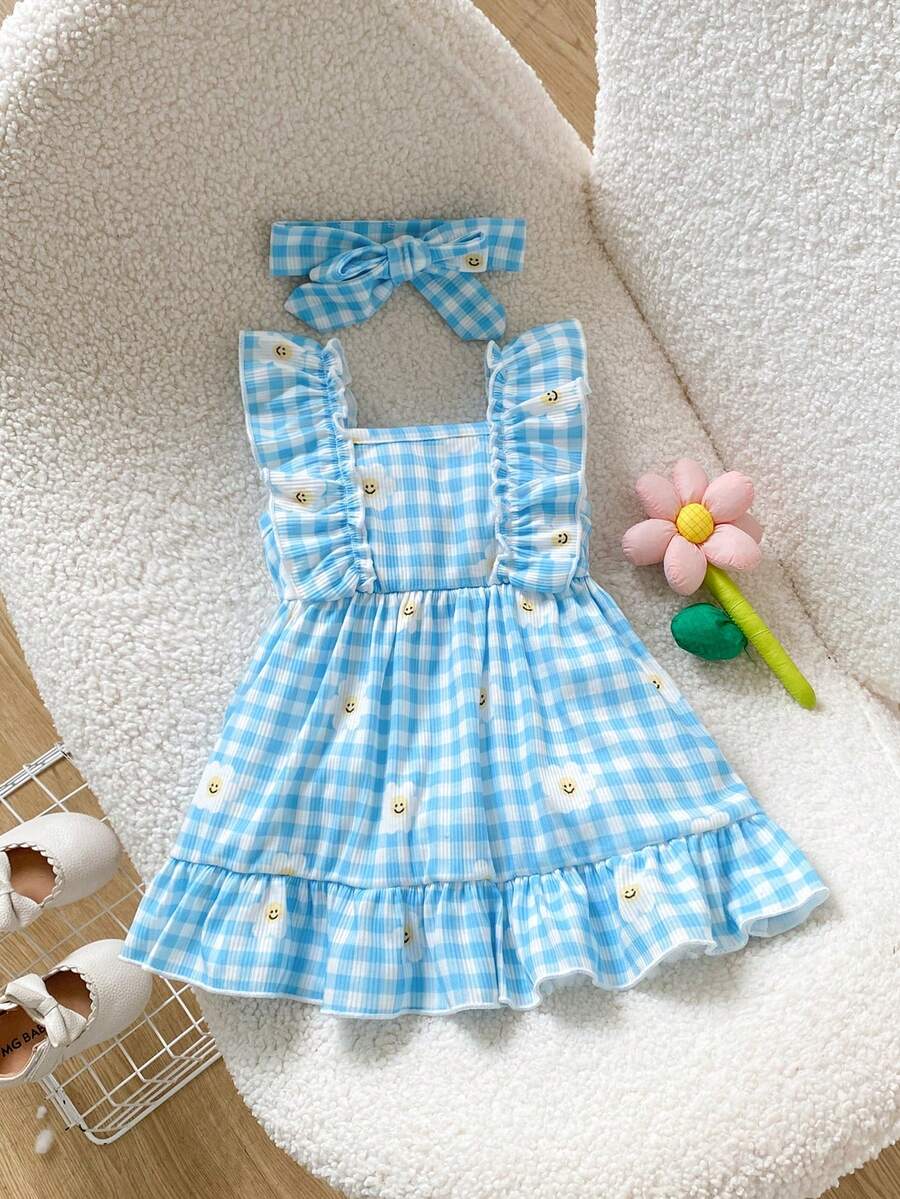 SHEIN Playful Pals 1件新生女嬰可愛白色花卉印花方領荷葉袖夏季無袖休閒太陽裙附髮帶,適合度假、拍照 - 藍色 - 查看 1