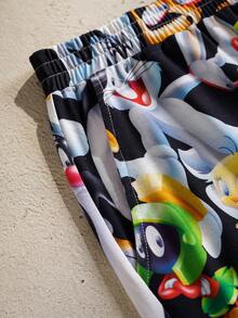 LOONEY TUNES X SHEIN Men's Cute Cartoon Print Short Sleeve T-Shirt And Shorts Pajama Set, Summer - Black and White - View 4