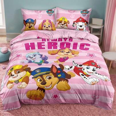 SHEIN | PAW Patrol 3pc Paw Patrol Print Duvet Cover Set, Made Of Brushed Fabric, Soft And Warm, Pink Striped Duvet Cover. Available In Multiple Sizes To Fit Single/Double/King/Extra King Beds.