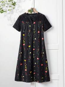 Rusticease Váy đi nghỉ họa tiết hoa thường ngày cổ chữ V dành cho nữ - màu đen - Xem 3
