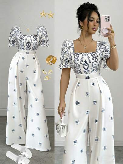 Elenzga 女士中国风蓝白印花方领泡泡袖荷叶边下摆花卉拼接高腰阔腿连体裤，优雅休闲通勤度假日常穿着，春夏新款