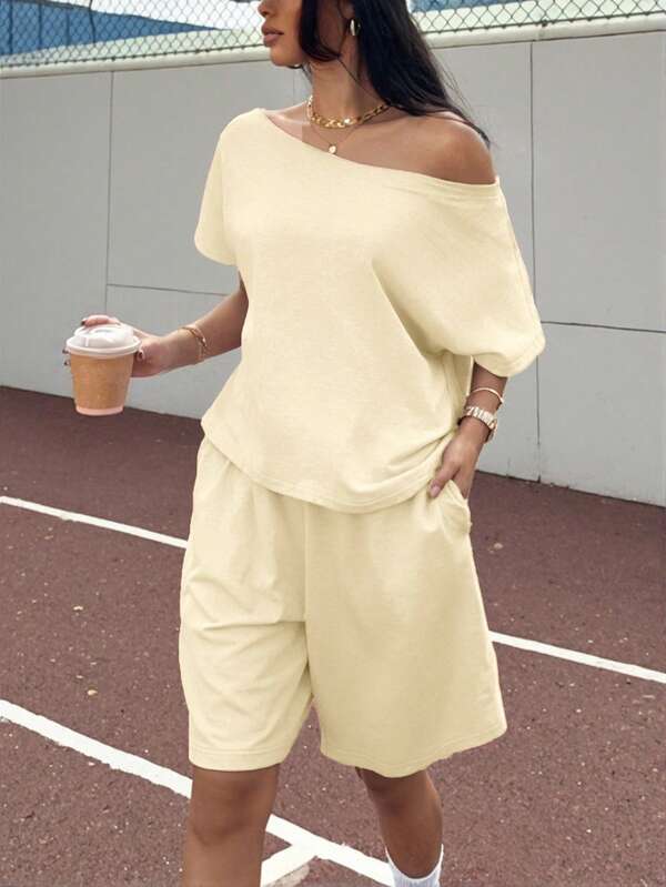 SHEIN EZwear 杏色针织女式单肩卫衣短裤套装