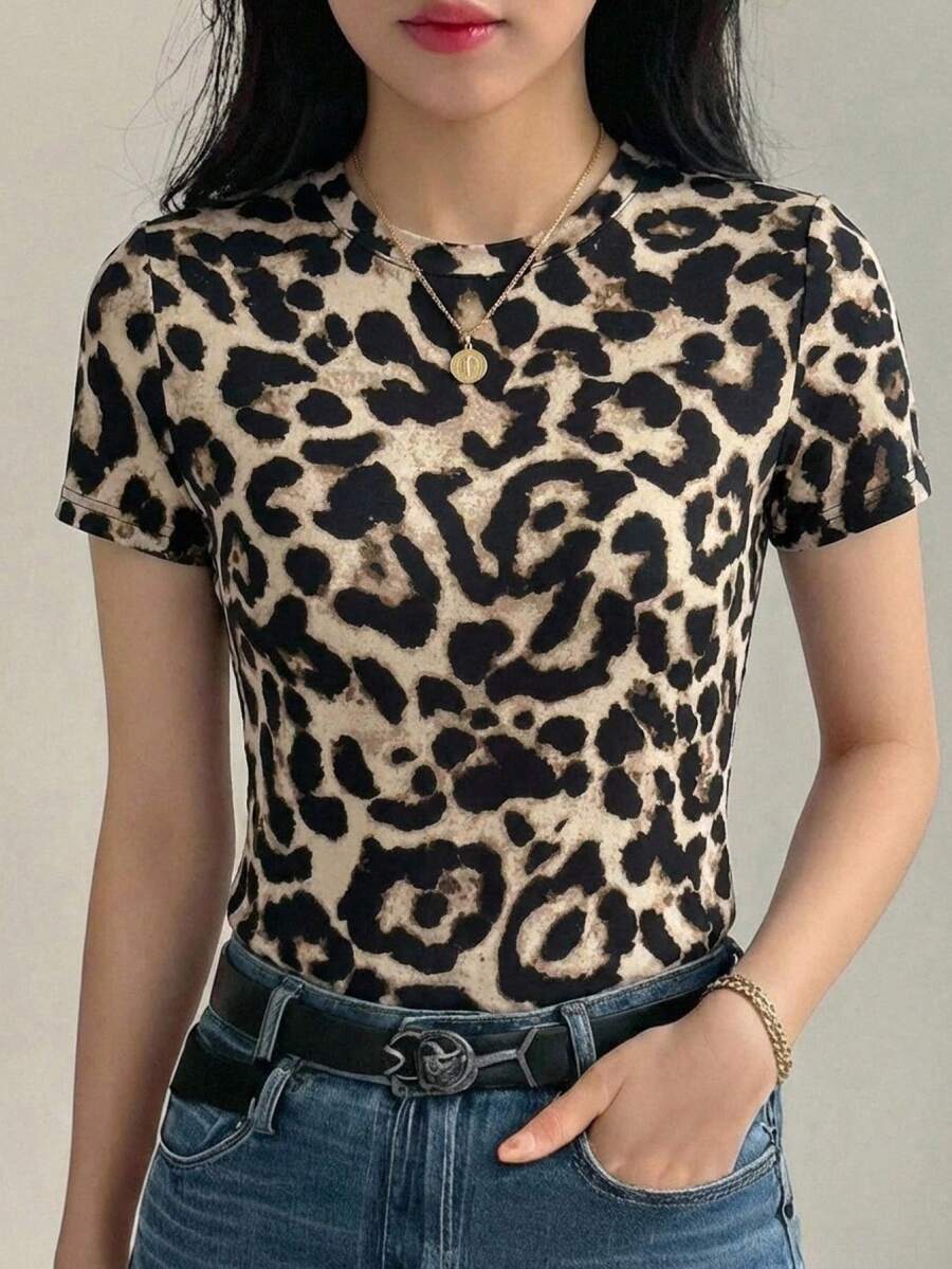 DAZY 纯色圆领修身短袖女式T恤 夏季 - 棕色 - 查看 1