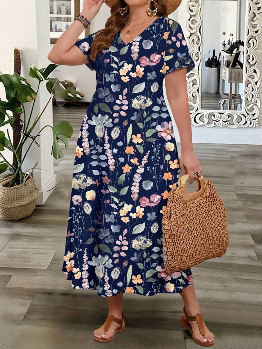 EMERY ROSE This Casual And Minimalist Bohemian-Style Floral Print Dress Is Perfect For The Holiday Season. It's Suitable For Plus Sizes, A Stylish Spring/Summer Dress, And A Must-Have For Spring Break. - Multicolor - View 1