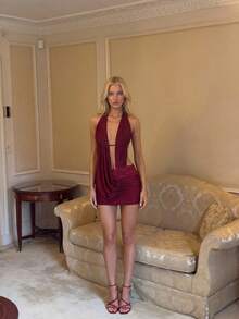 Vowa Elegant, Romantic, Fashionable, Sexy Wine Red Lace Fishbone Decor Music Festival Dress, Suitable For Party, Vacation, Nightclub - Burgundy - View 9