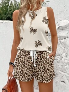 SHEIN LUNE 女士休闲圆领背心短裤两件套，适合夏季穿着 - 彩色 - 查看 1