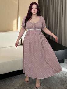 Dazy Plus Elegant Ditsy Floral Scoop Neck Tie-Up Contrast Lace Cinched Waist Long Nightgown With Short Sleeves - Apricot - View 3